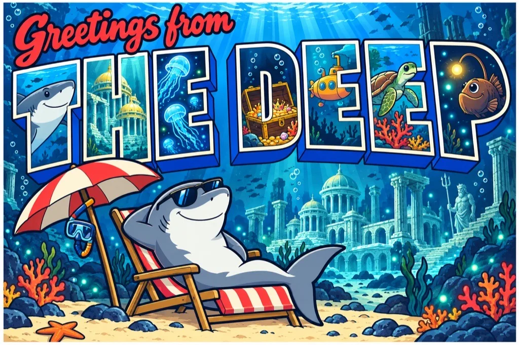 Greetings from The Deep, a postcard: a great white shark in a deck chair on the sea floor.
