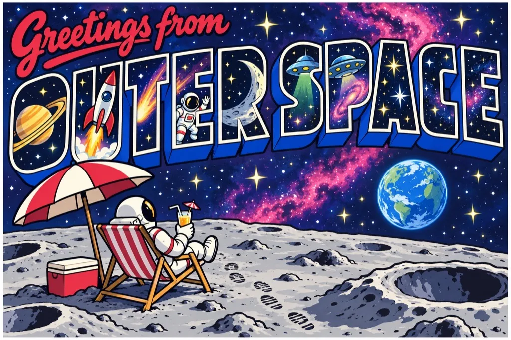 Greetings from Outer Space, a postcard: an astronaut in a deck chair on the Moon.